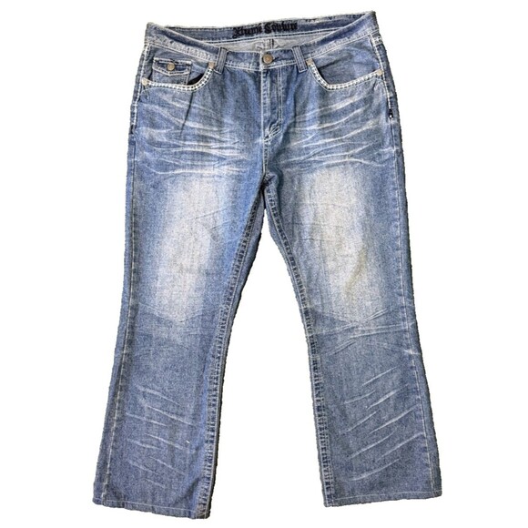Xtreme Couture Men's Y2K Blue Jeans Denim Cross Studded Wide Leg Size 40X32 - Picture 1 of 11